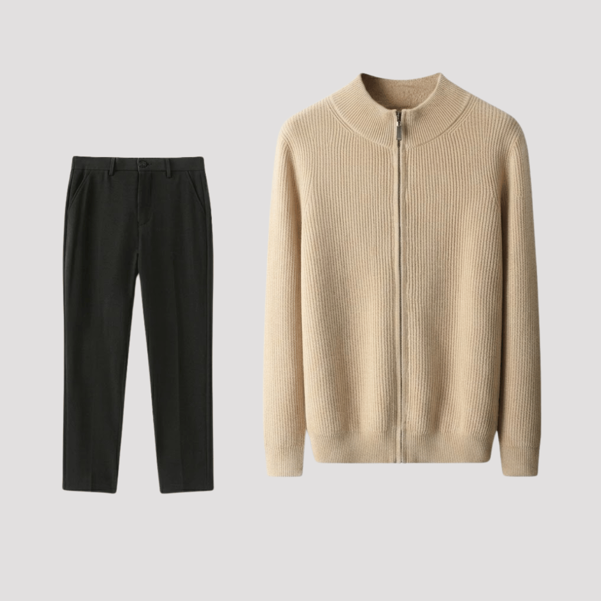 Conjunto Jaqueta Cardigan de Tricot com Zíper + Calça de Alfaiataria Preta