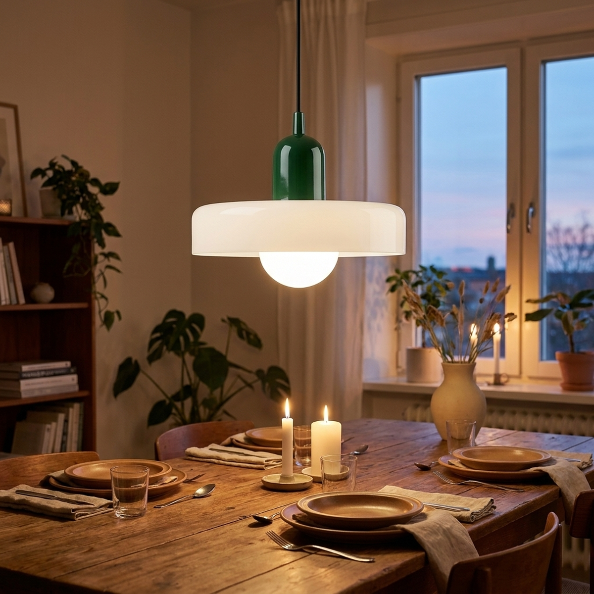 Luminária Pendente Nórdica branca e verde sobre mesa de jantar