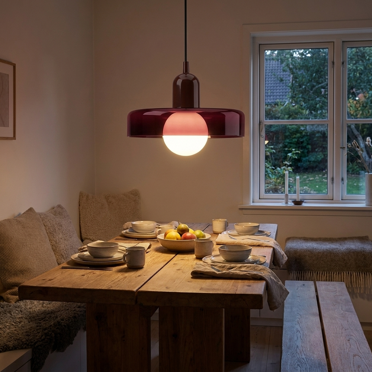 Luminária Pendente Nórdica branca e vinho sobre mesa de jantar
