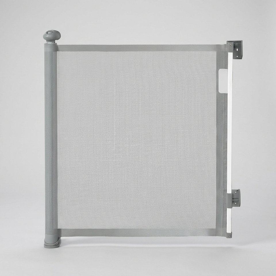 Portão de segurança retrátil 140cm com tela para bebê e pet - vista frontal em fundo neutro