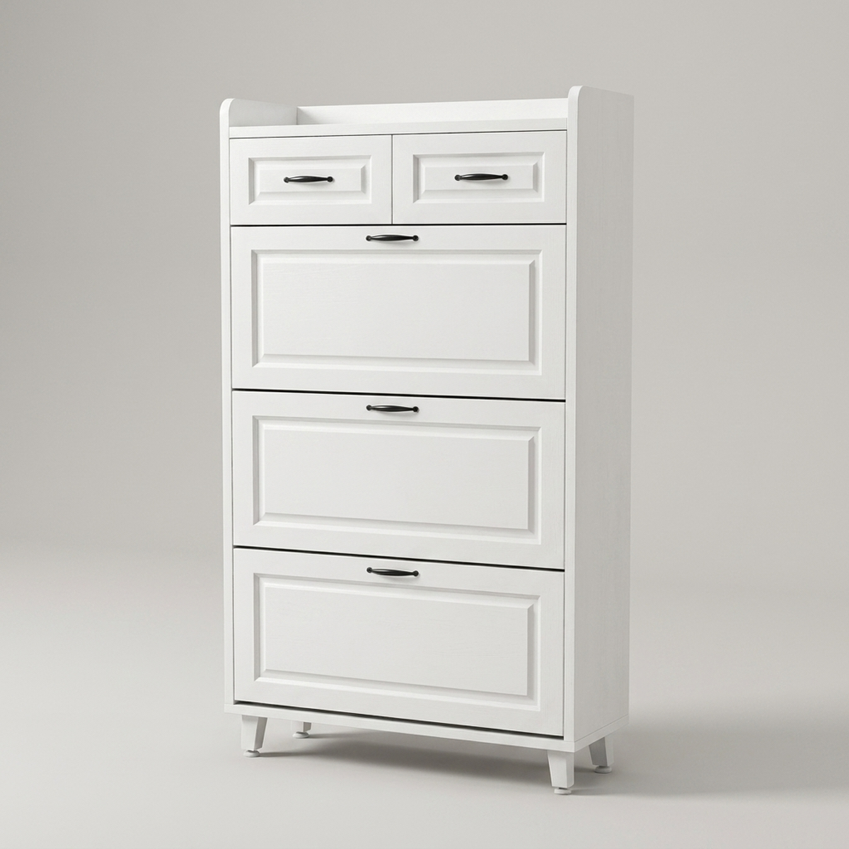 Sapateira de madeira MDF 3 portas 2 gavetas com pés reguláveis - vista frontal em fundo neutro