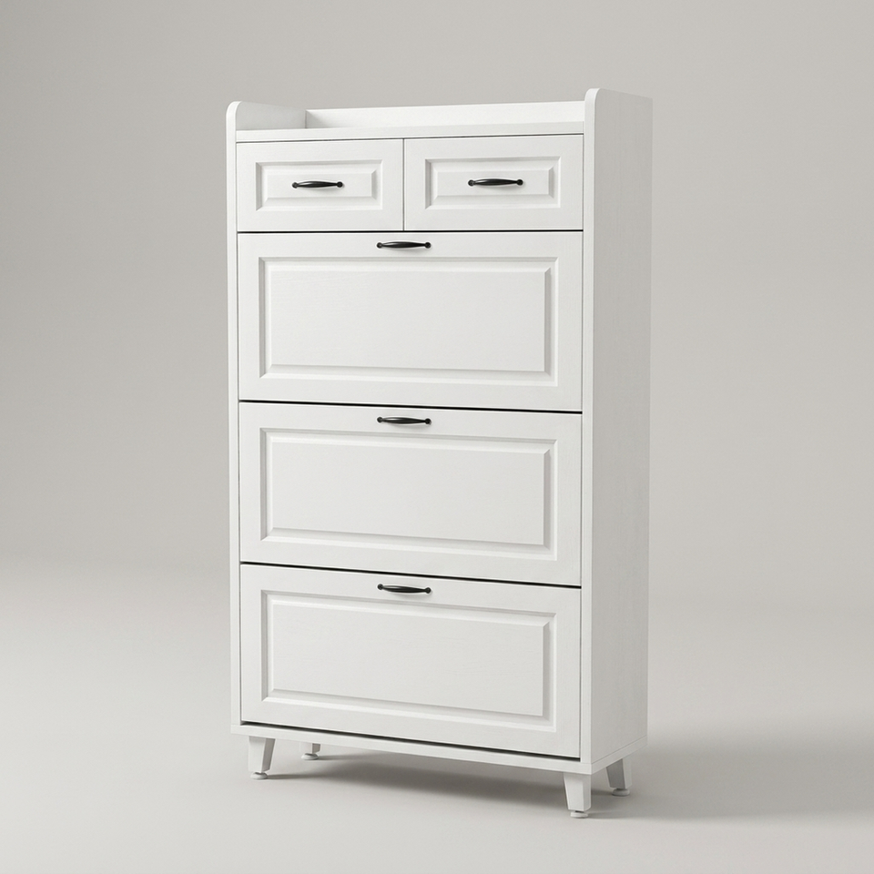 Sapateira de madeira MDF 3 portas 2 gavetas com pés reguláveis - vista frontal em fundo neutro