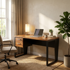 Escrivaninha 135cm montada em home office com notebook e luminária