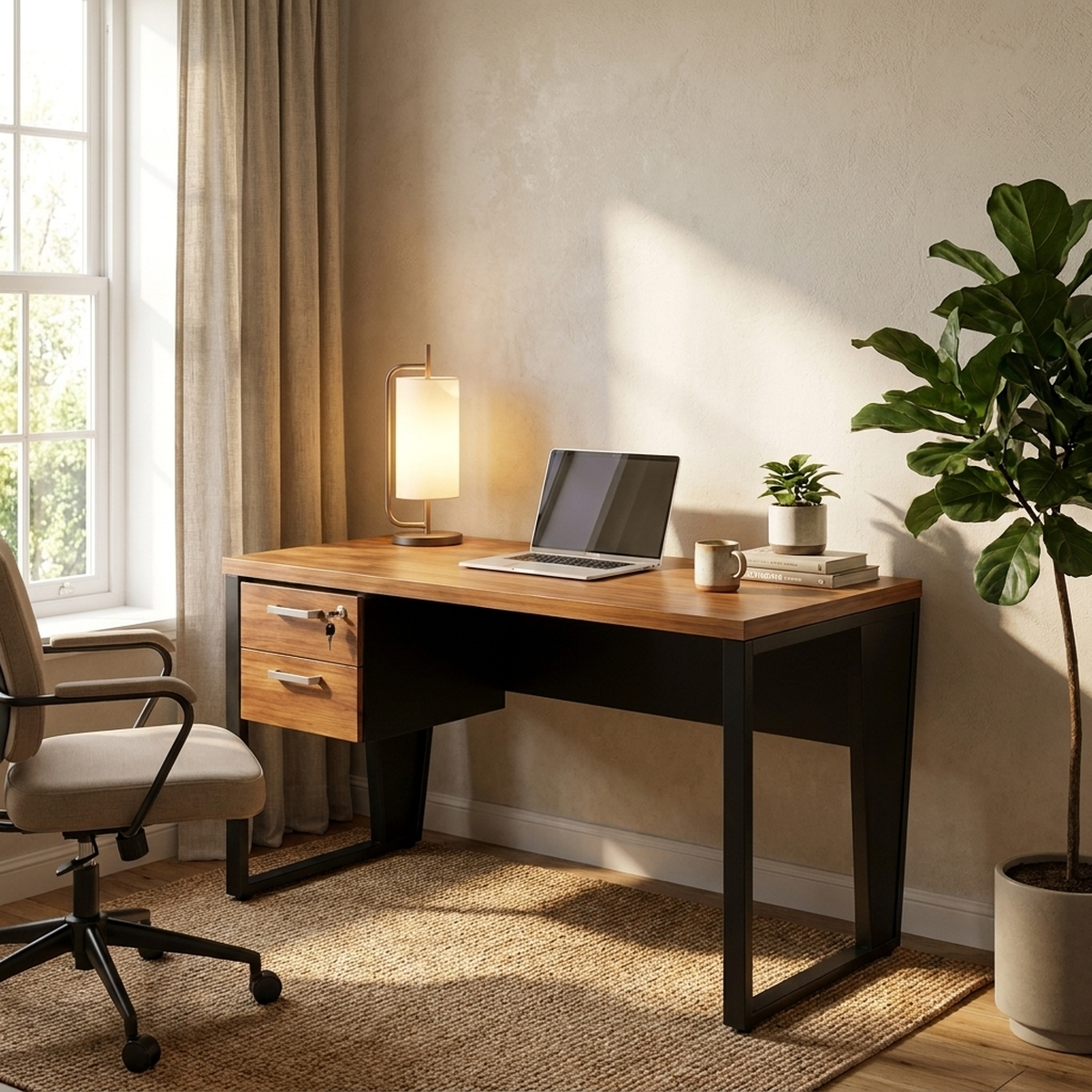 Escrivaninha 135cm montada em home office com notebook e luminária