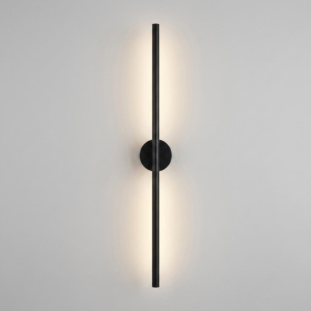 Arandela LED Ponto Lines preta acesa em fundo neutro