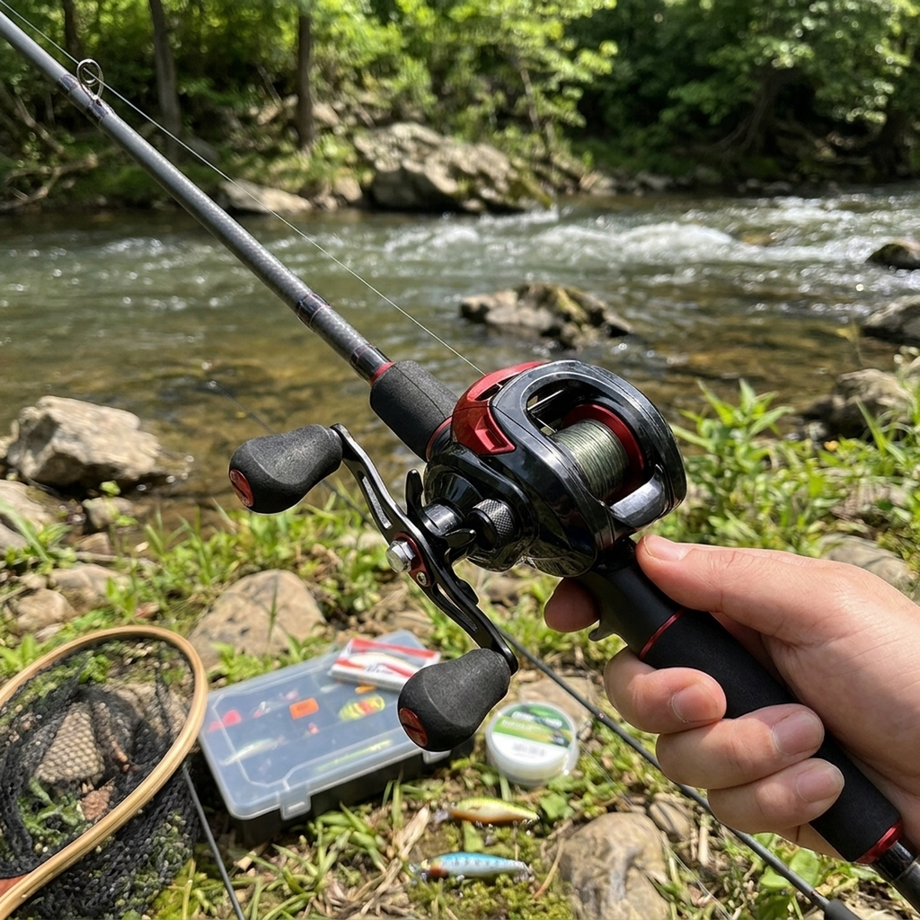 Carretilha de pesca FishPro AE-2000 montada na vara em beira de rio ao ar livre