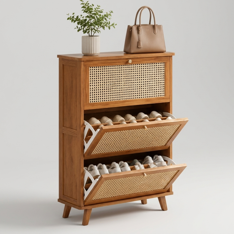 Sapateira vertical de bambu natural com prateleiras ventiladas - vista frontal em fundo neutro