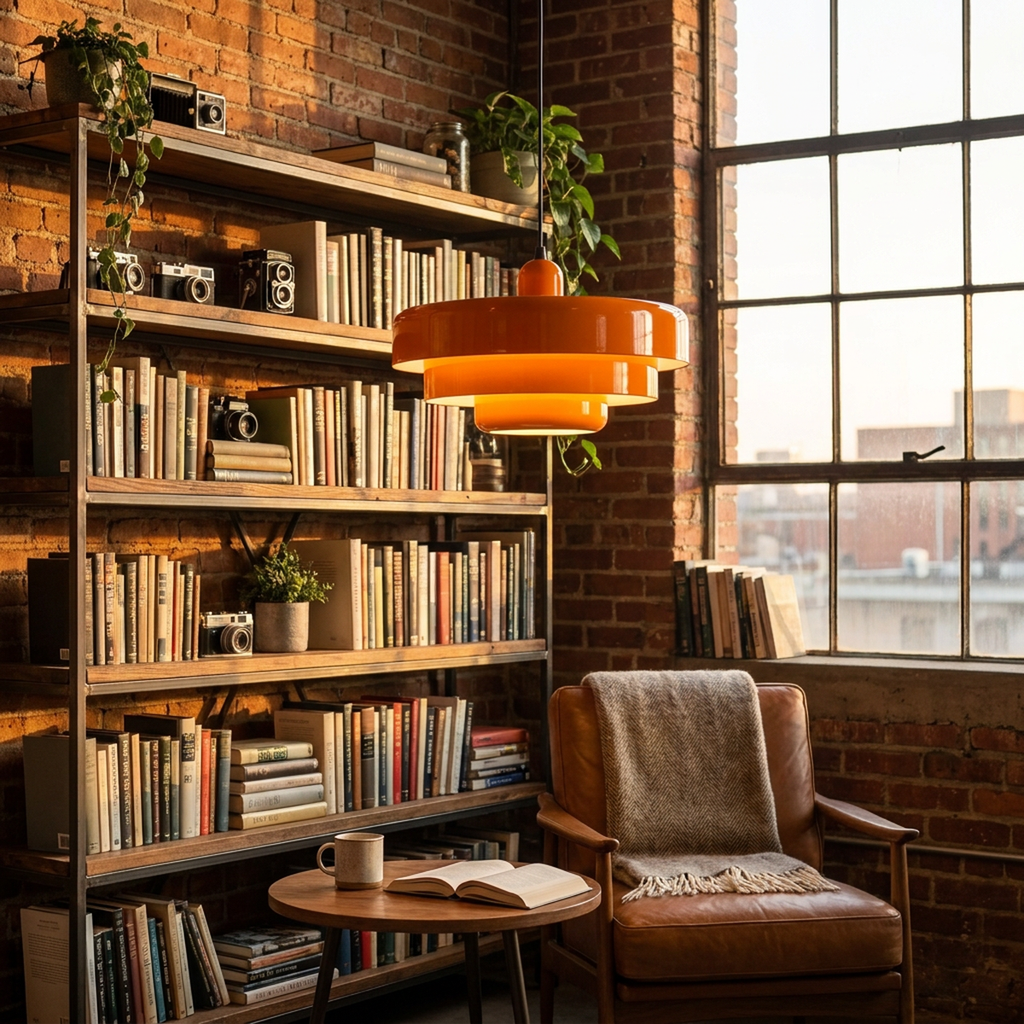 Pendente retrô Urban Loft pendurado sobre cantinho de leitura com estante