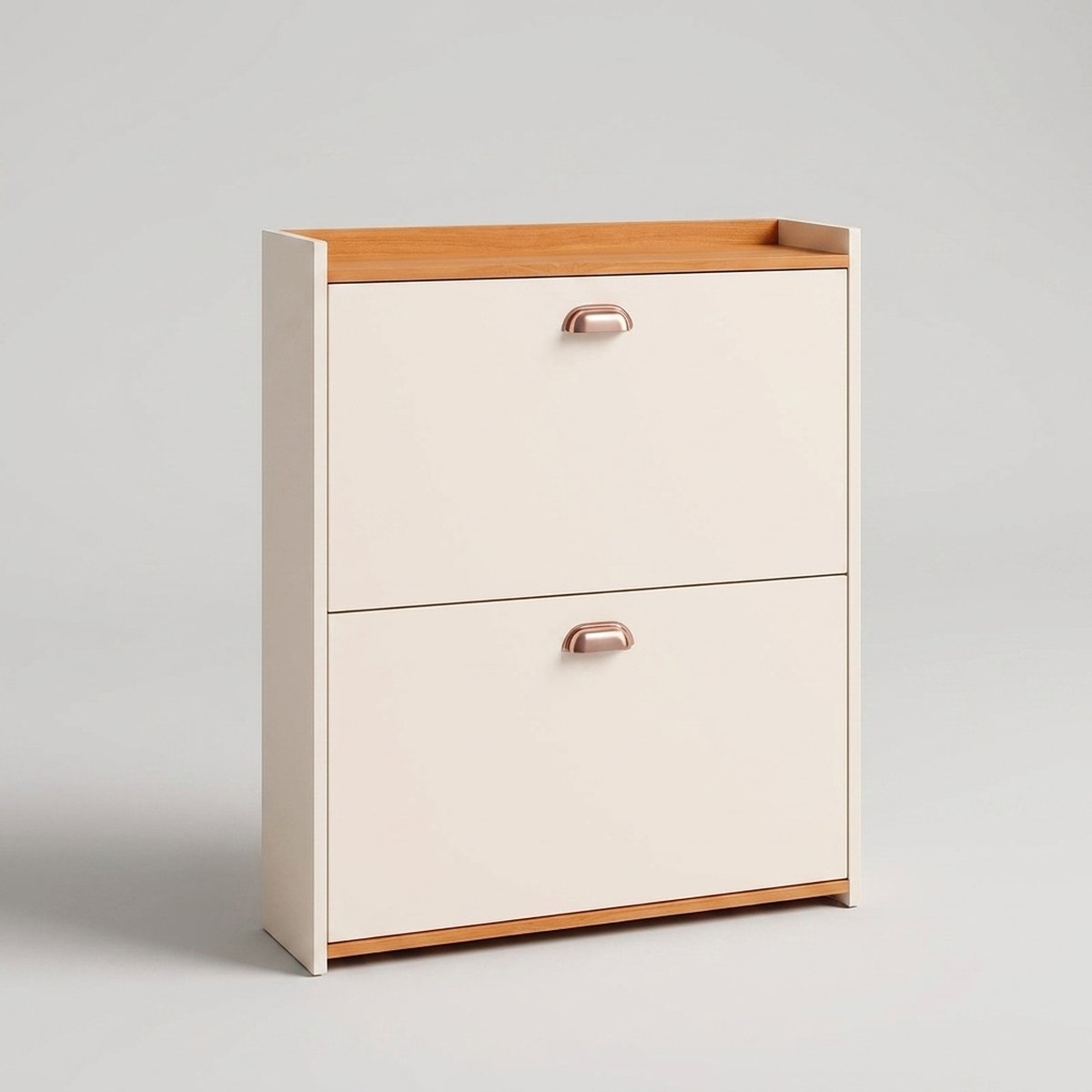 Sapateira basculante de madeira para hall e closet - vista frontal em fundo neutro