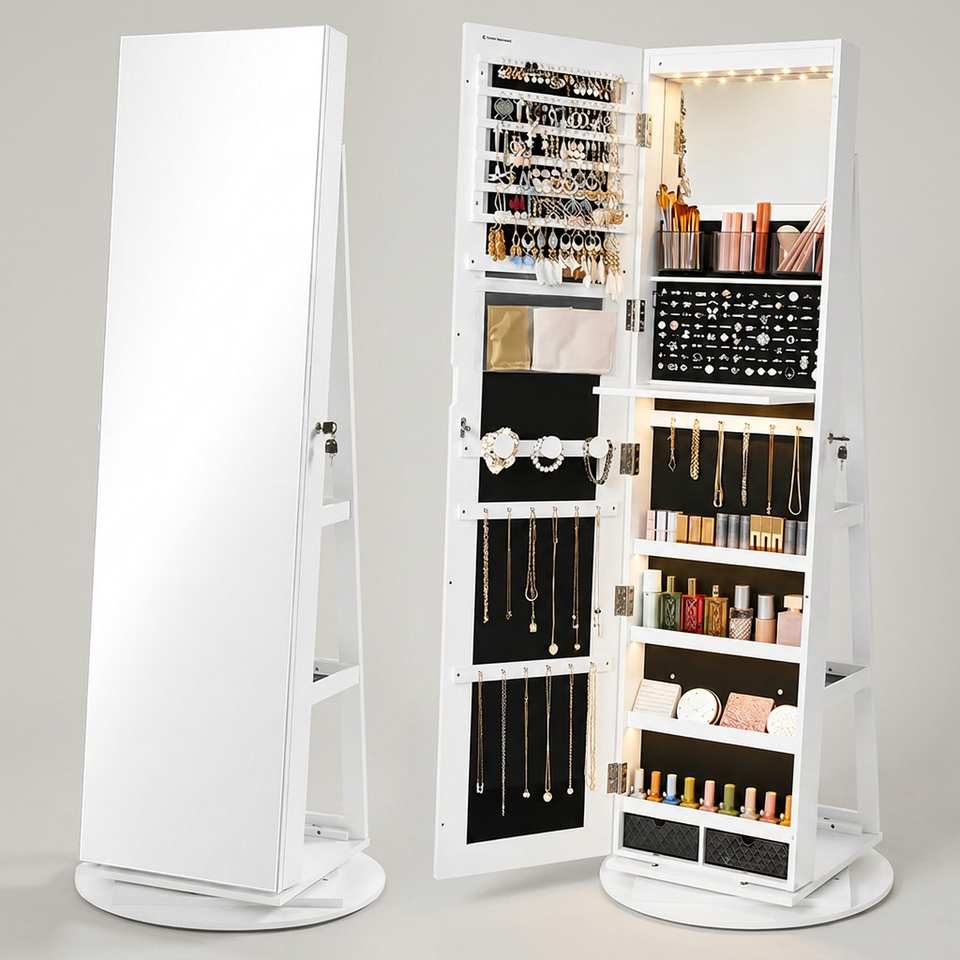 Espelho de corpo inteiro giratório 360° com LED e porta-joias - vista frontal em fundo neutro