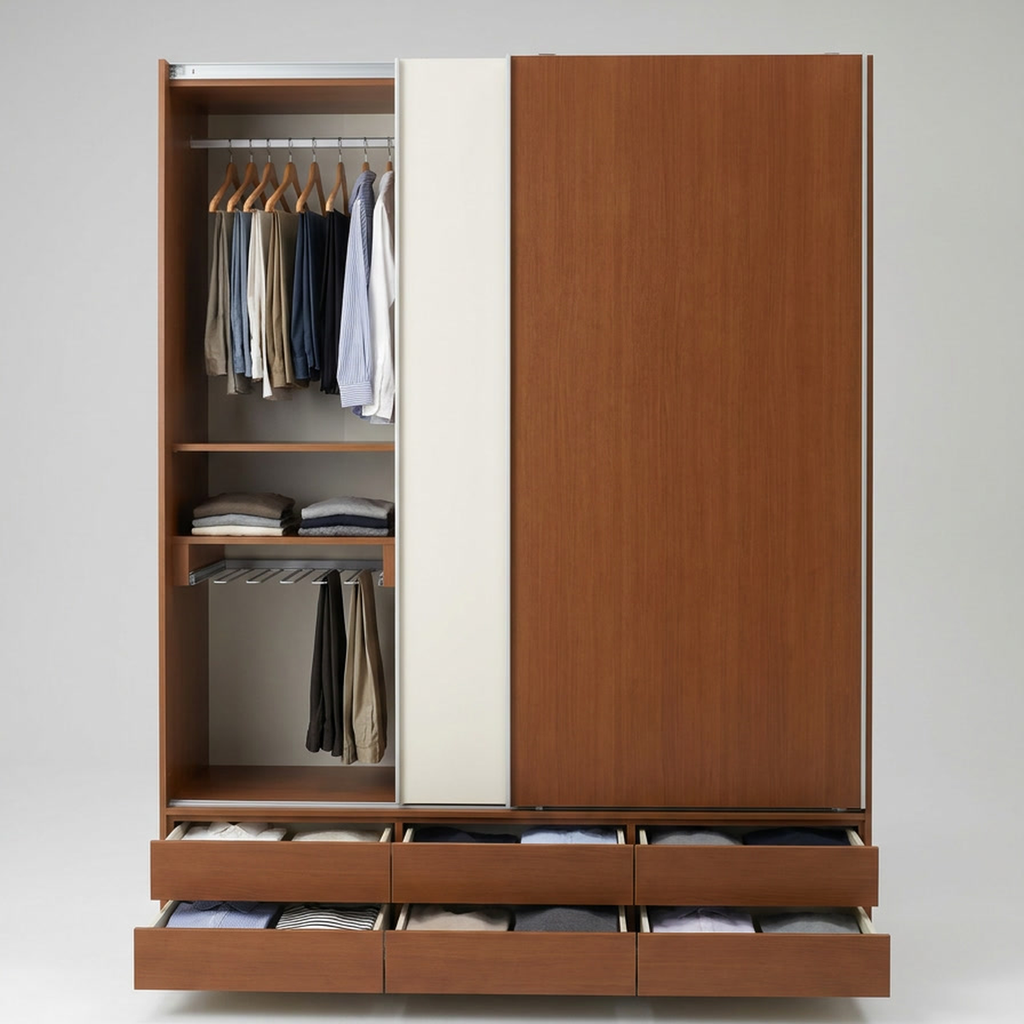 Guarda-Roupa Chicago com porta de correr aberta e gaveta puxada