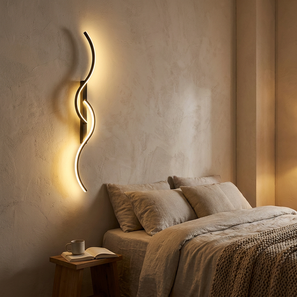 Arandela S-Lines com luz LED amarela acesa no quarto