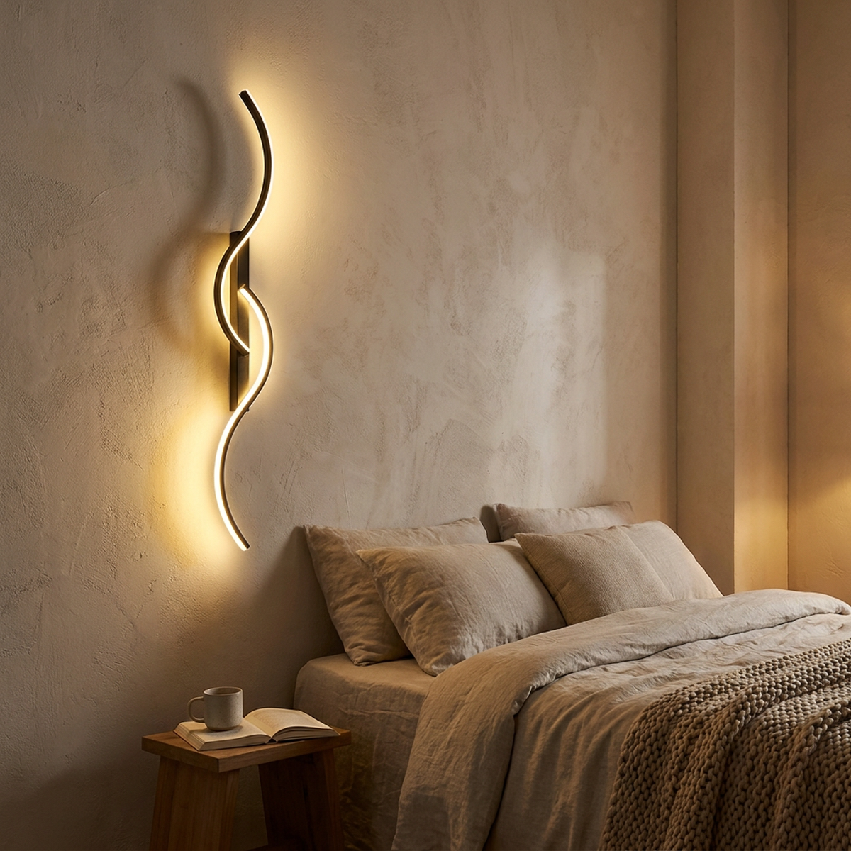 Arandela S-Lines com luz LED amarela acesa no quarto