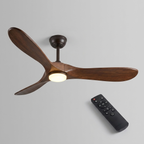Ventilador de teto SmartWood - vista em ângulo mostrando kit de luz LED e controle remoto