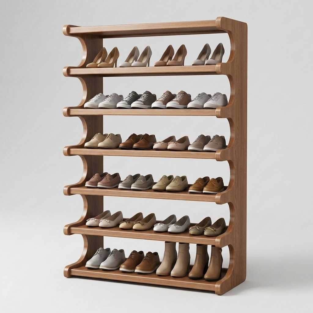 Sapateiras empilháveis de madeira modulares formando torre com sapatos