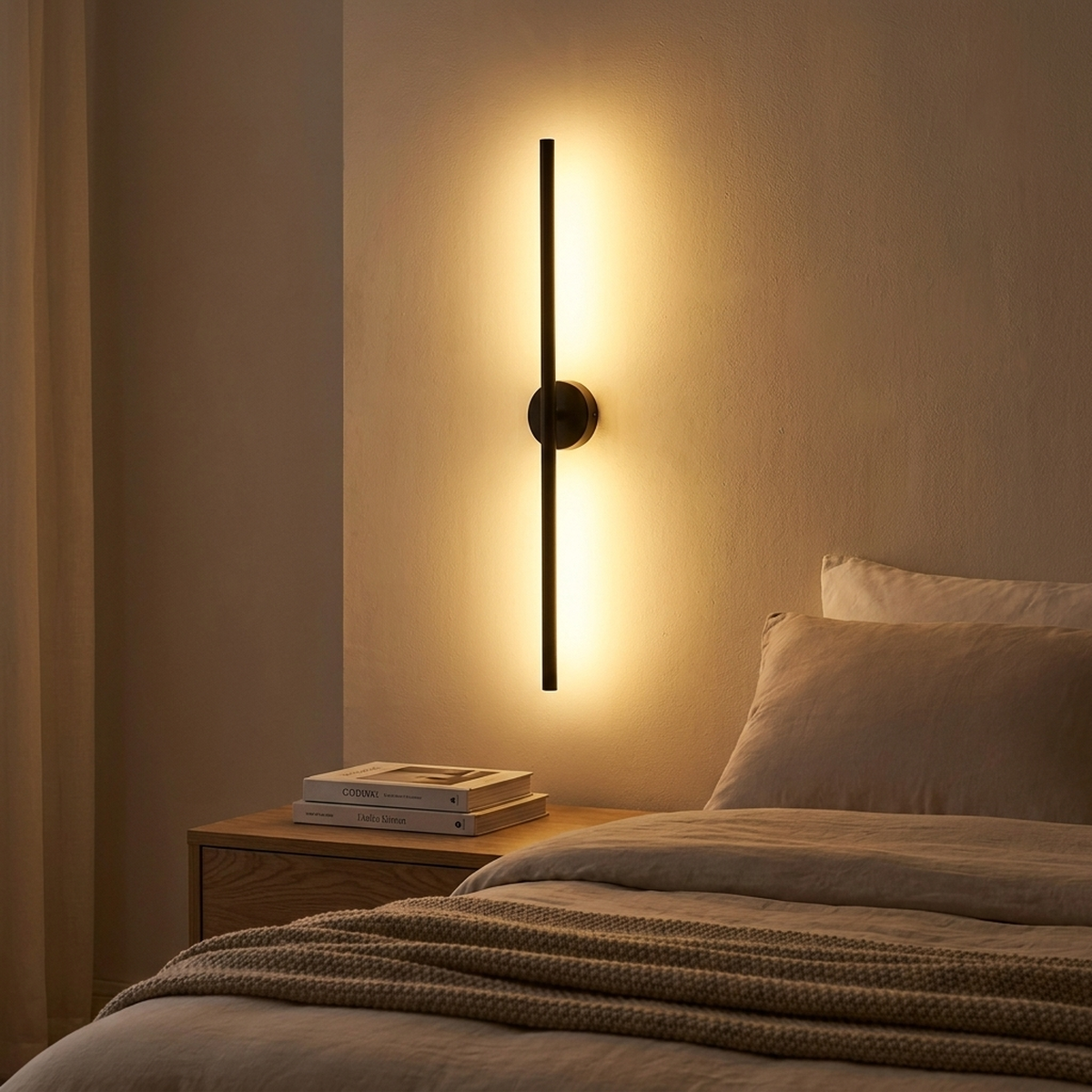 Arandela Ponto Lines preta com luz LED amarela acesa no quarto