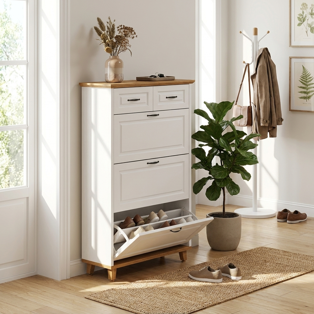 Sapateira de Madeira MDF branco+carvalho na entrada de casa