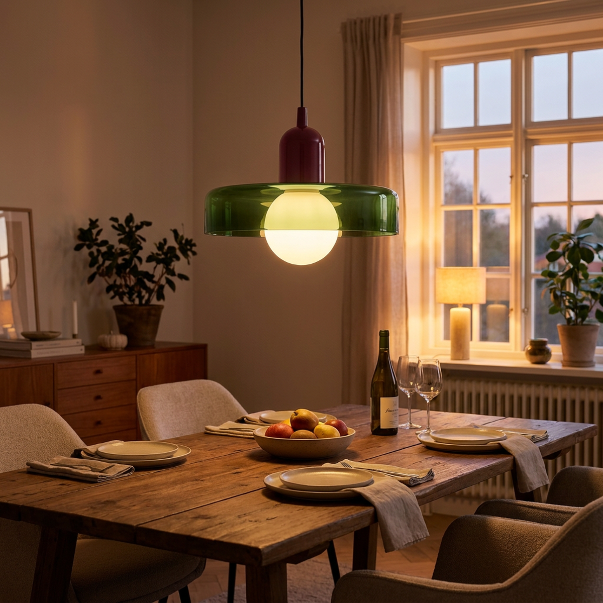 Luminária Pendente Nórdica verde e vinho sobre mesa de jantar