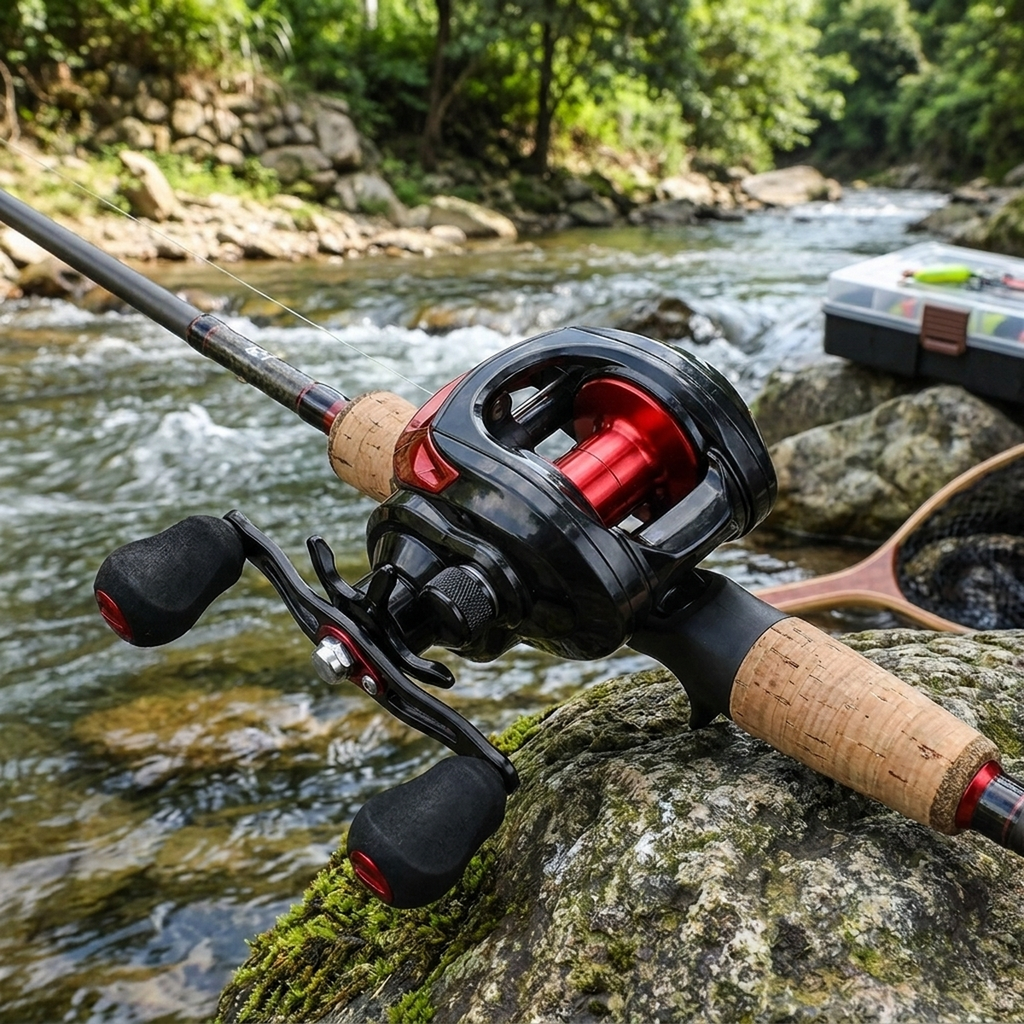 Carretilha de pesca FishPro AE-2000 vermelha montada na vara em beira de rio