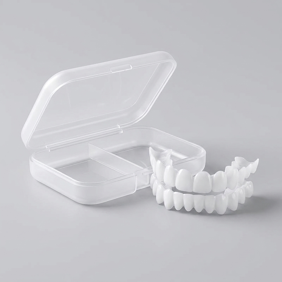 Facetas dentárias removíveis SorrisoFlex ao lado do estojo de armazenamento