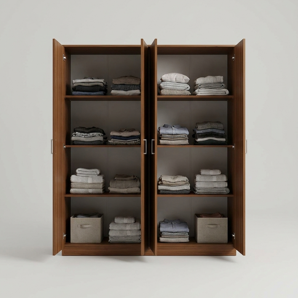 Guarda-Roupa Lyon com as 4 portas abertas mostrando as 8 prateleiras internas