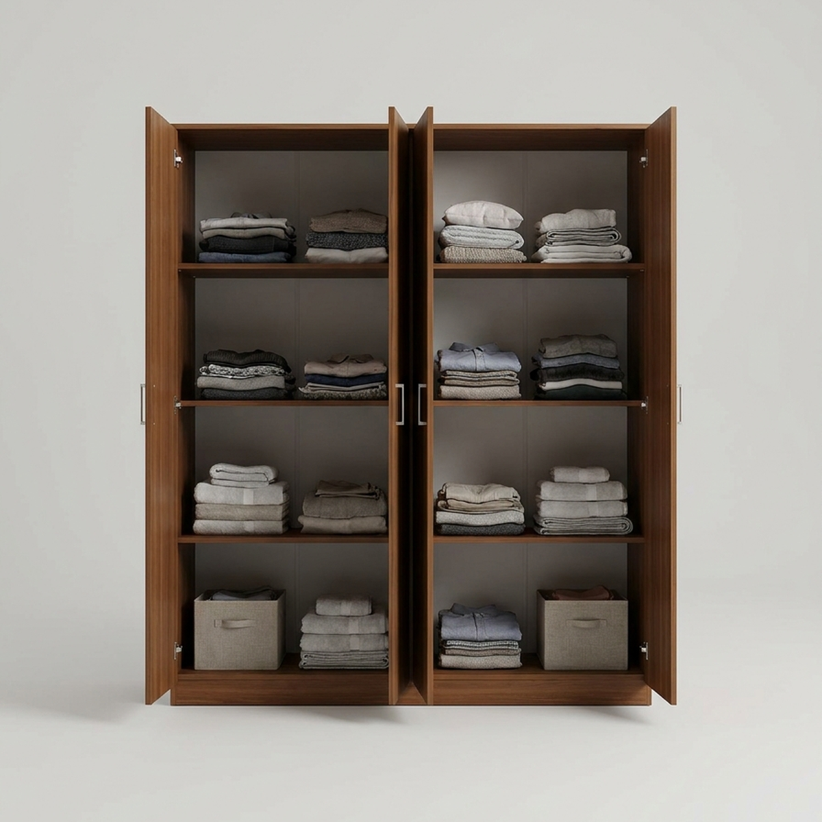 Guarda-Roupa Lyon com as 4 portas abertas mostrando as 8 prateleiras internas