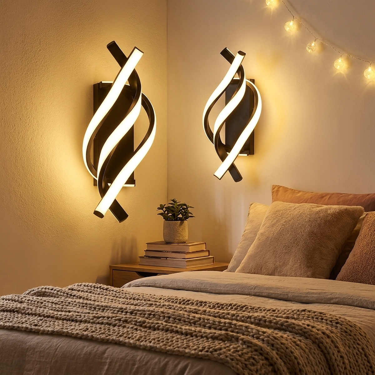 Arandela Espiral Triplo Lines com luz LED amarela acesa no quarto