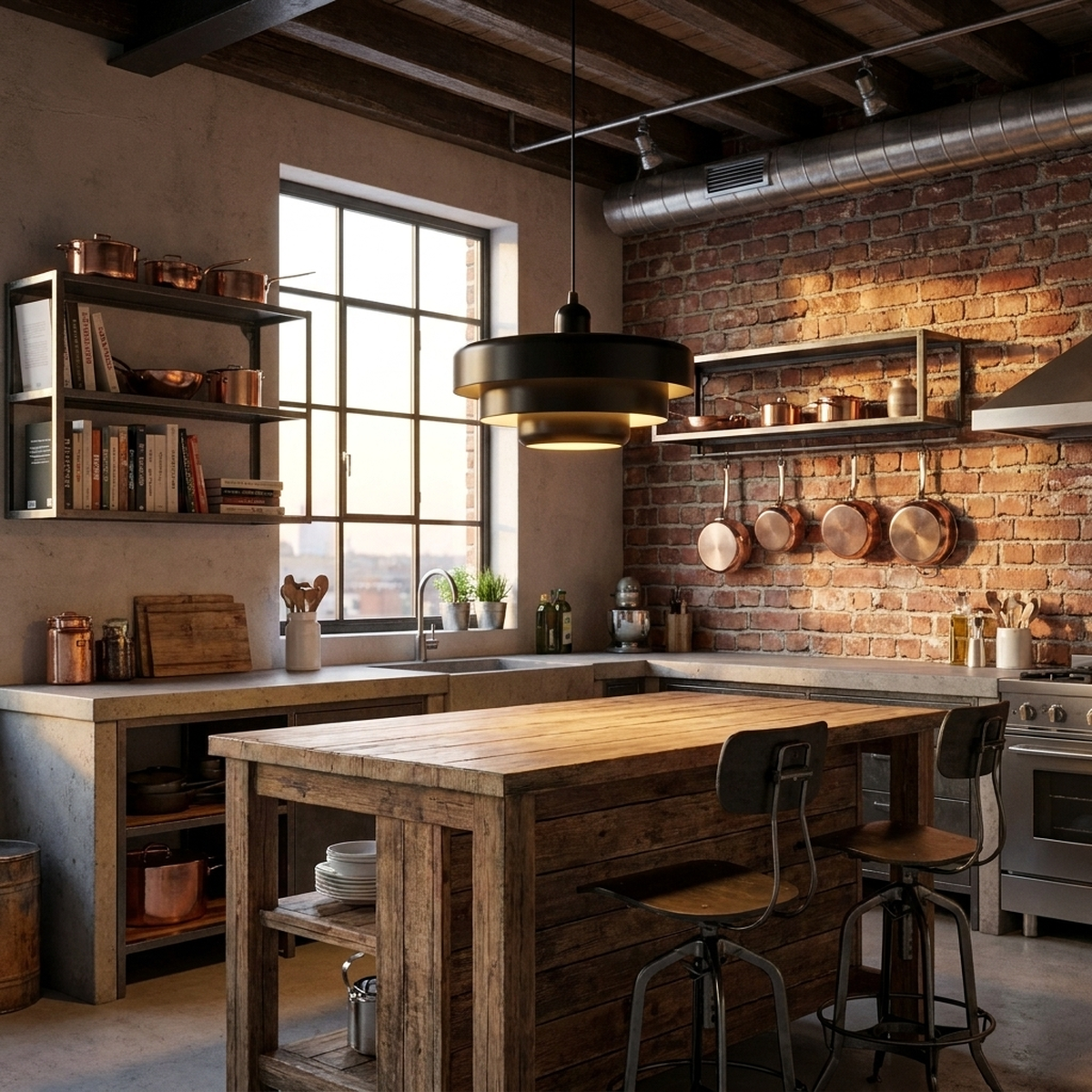 Pendente Retrô Urban Loft preto sobre ilha de cozinha industrial