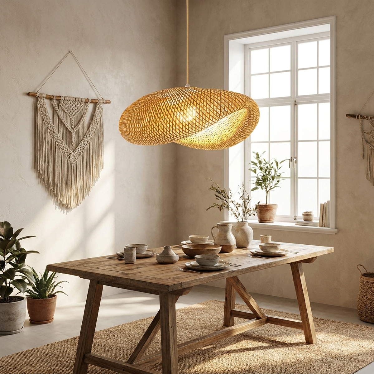 Lustre pendente de bambu Quancim pendurado sobre mesa de jantar estilo boho