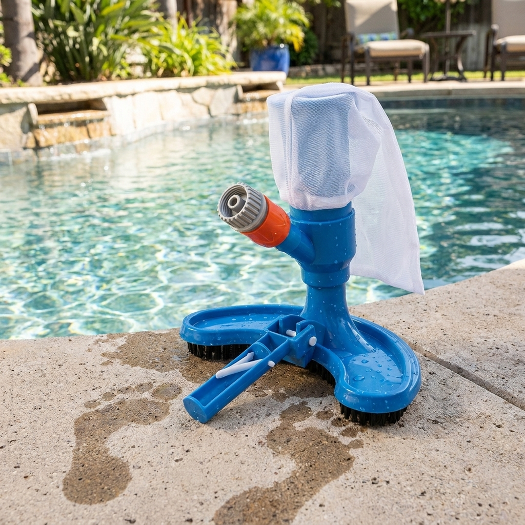 Aspirador de piscina Pool Cleaner apoiado na borda de piscina residencial