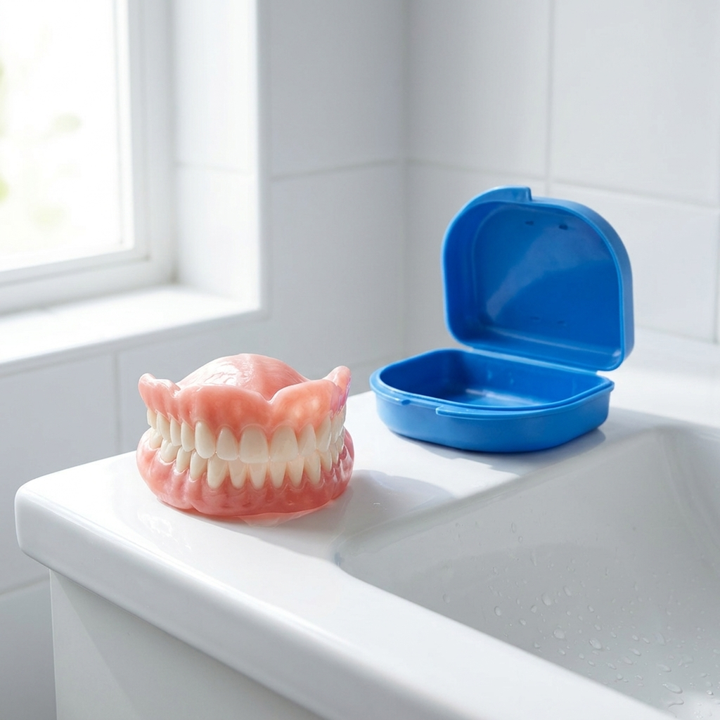 Dentadura de silicone AdaptaSmile sobre a pia do banheiro ao lado do estojo