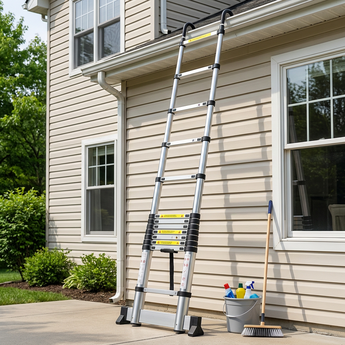 Escada telescópica Altimax estendida apoiada na parede de uma casa para manutenção externa