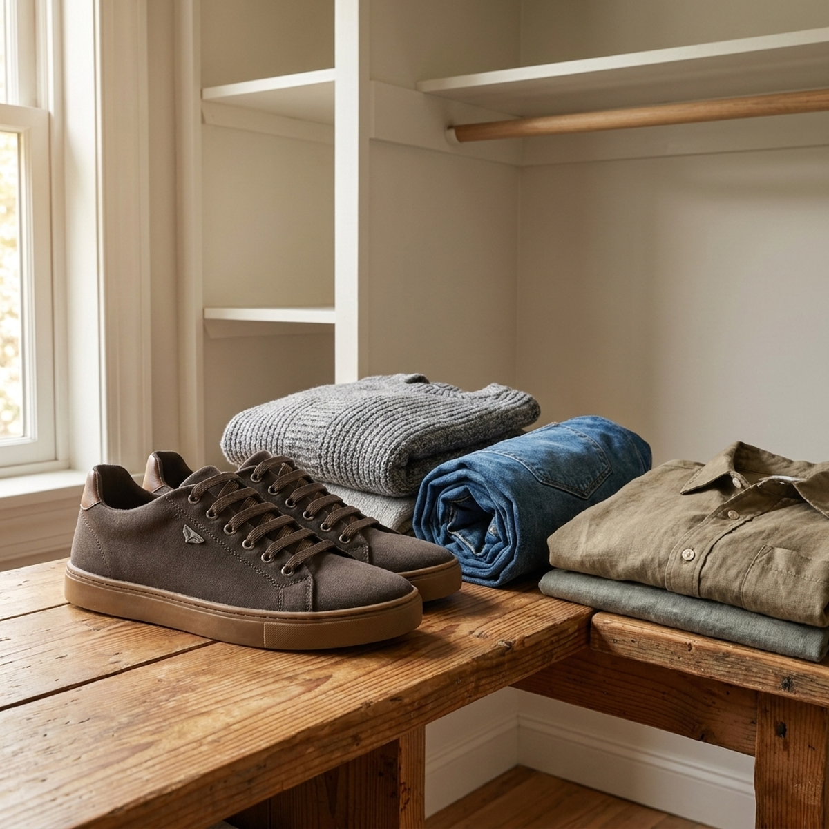 Sapatênis masculino organizado em prateleira de closet