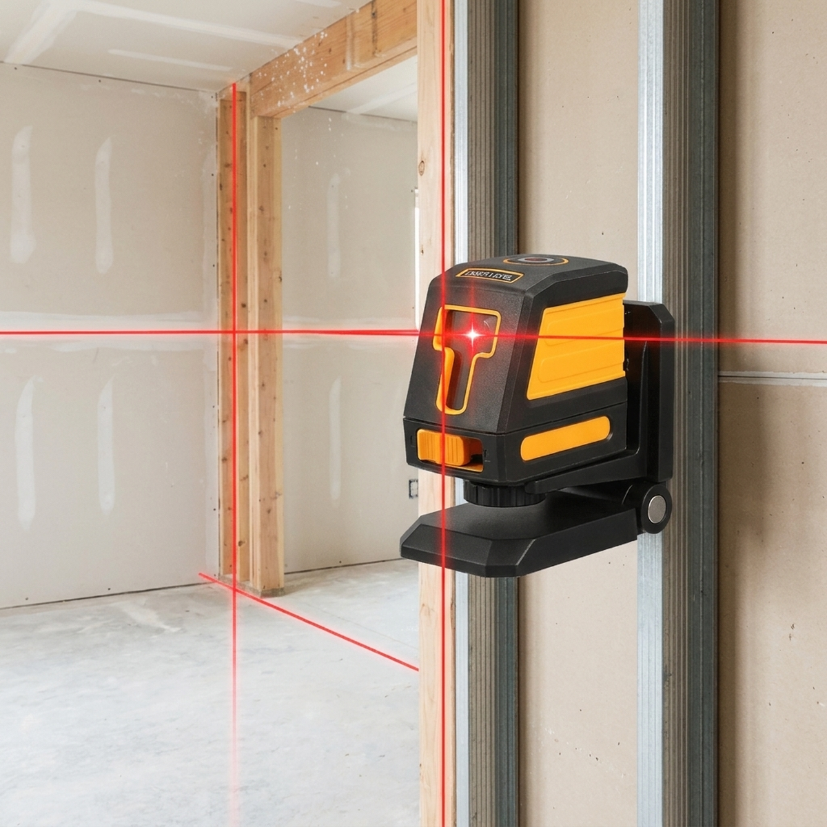 Nível a laser montado em parede em obra projetando linhas de nivelamento