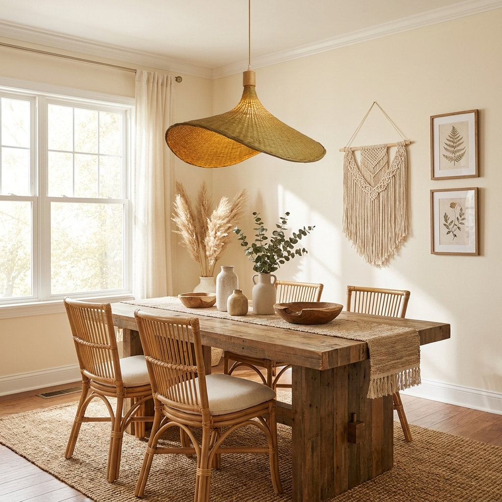 Lustre pendente de bambu Xian pendurado sobre mesa de jantar estilo boho