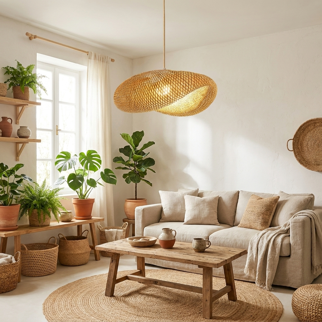 Lustre pendente de bambu Tianjin em sala de estar com plantas naturais