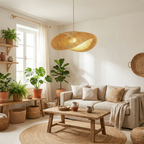Lustre pendente de bambu Tianjin em sala de estar com plantas naturais