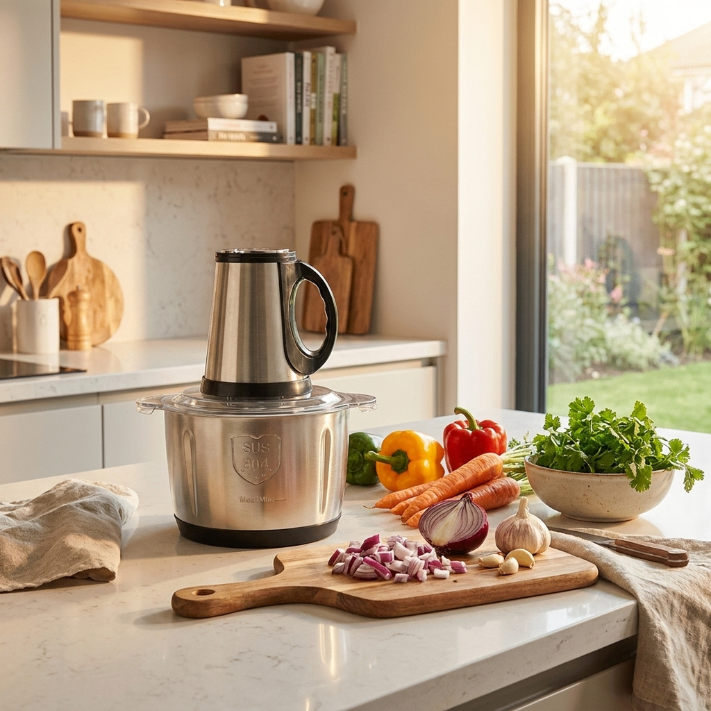 Triturador UltraMixer sobre bancada de cozinha ao lado de legumes frescos