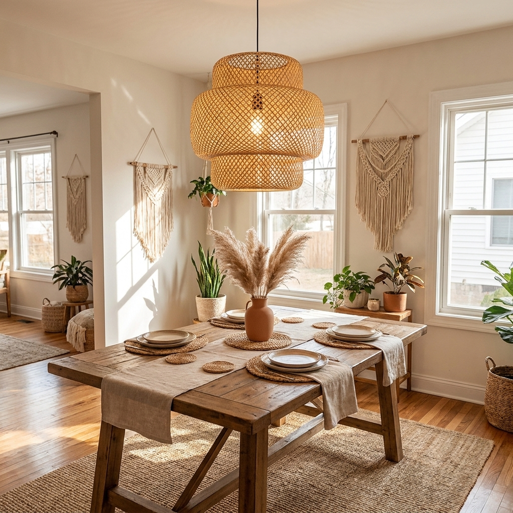 Lustre pendente de bambu rattan pendurado sobre mesa de jantar estilo boho