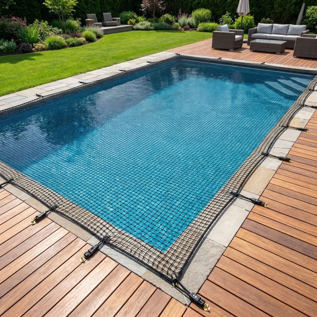 Capa para piscina permeável instalada em piscina de quintal