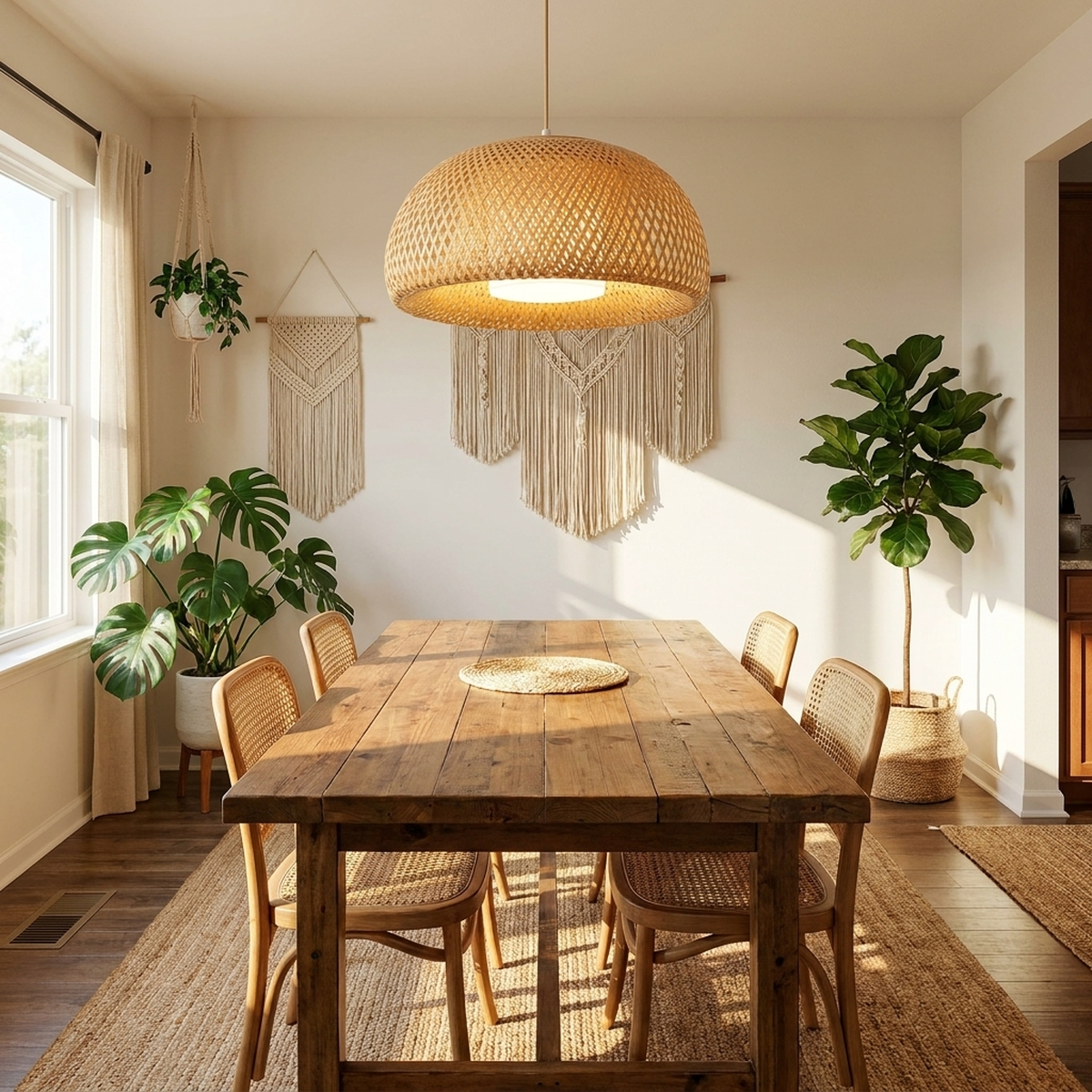 Lustre pendente de bambu Wood pendurado sobre mesa de jantar estilo boho