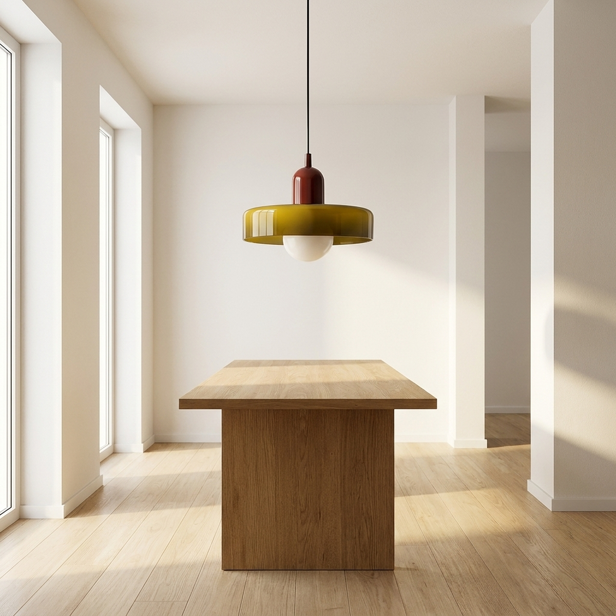 Luminária pendente nórdica pendurada sobre mesa de jantar em sala moderna