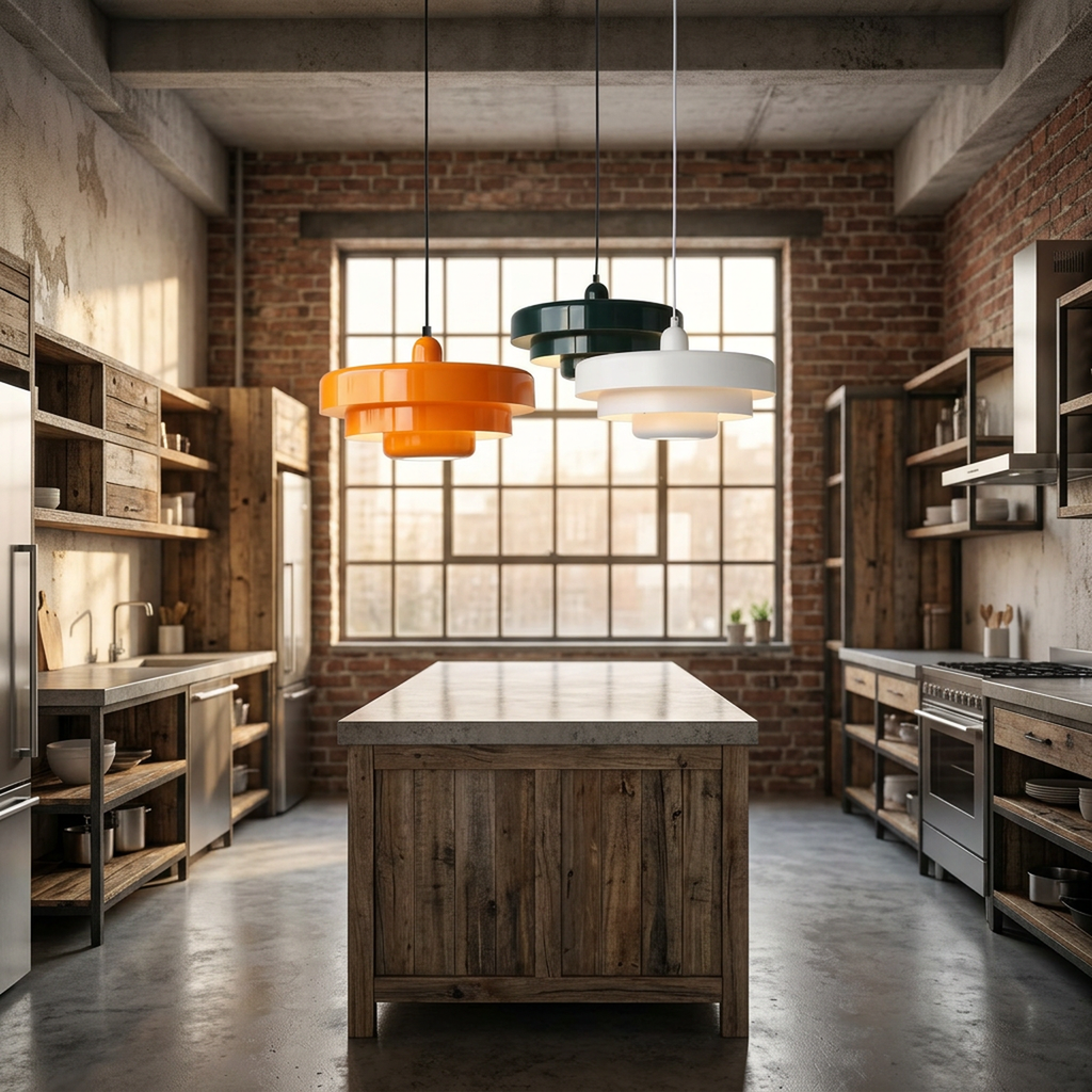 Pendente retrô Urban Loft pendurado sobre ilha de cozinha em estilo industrial