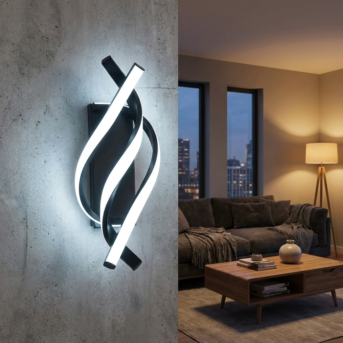 Arandela Espiral Triplo Lines com luz LED branca acesa na sala