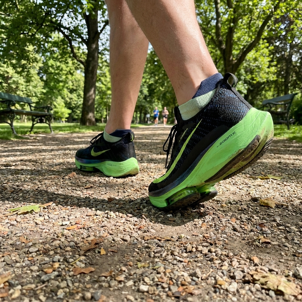 Pessoa usando tênis AeroRun em pista de corrida no parque