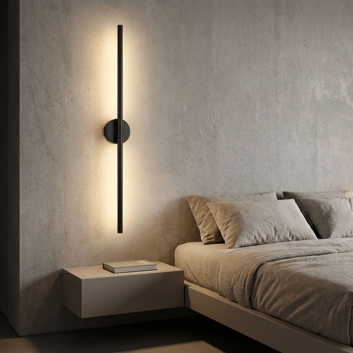 Arandela LED Ponto Lines ao lado da cama como luminária de leitura