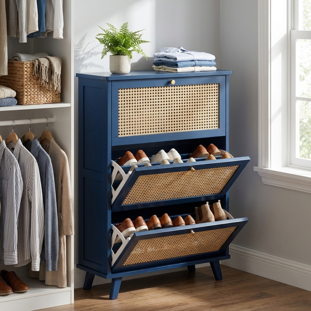 Sapateira Vertical de Bambu azul-marinho em closet com sapatos