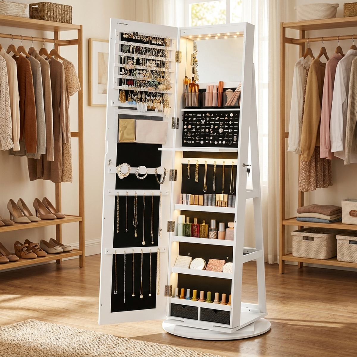 Espelho de corpo inteiro com LED em closet com araras de roupas ao fundo