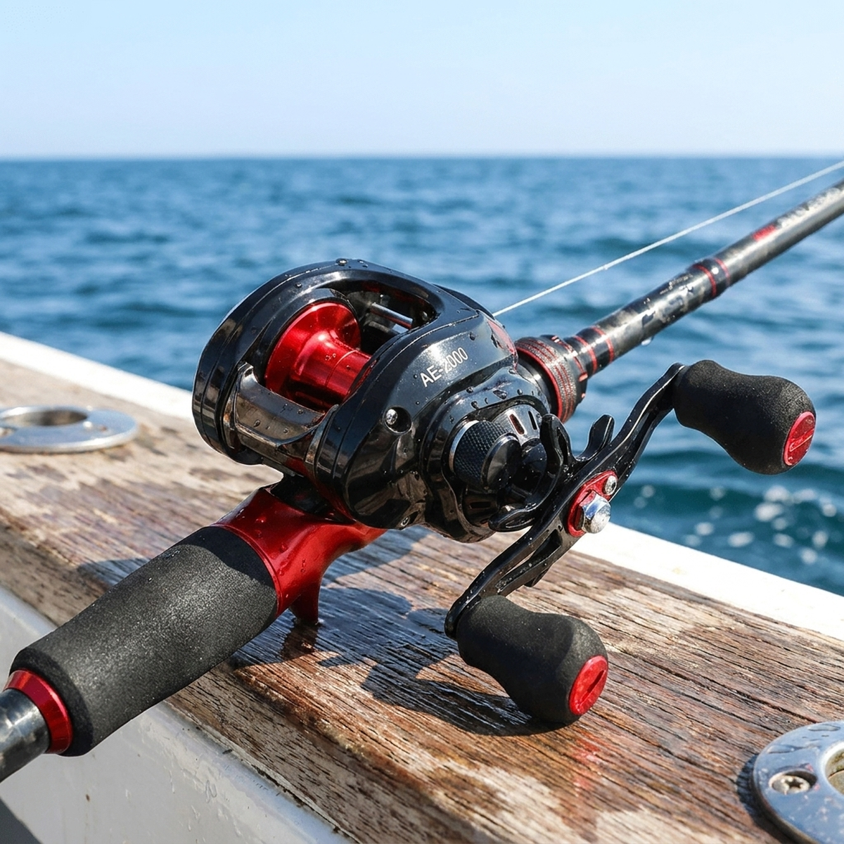 Carretilha FishPro montada em vara de pesca no convés de barco com o mar ao fundo