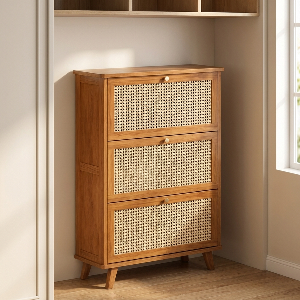 Sapateira vertical de bambu em closet de quarto encostada na parede